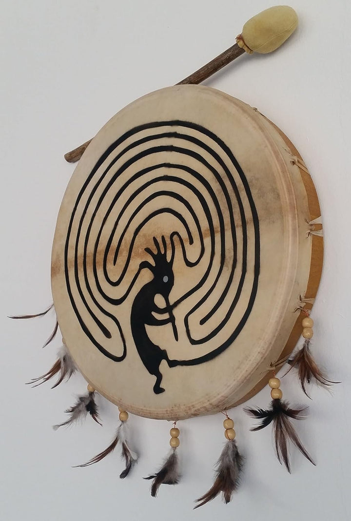 Schamanentrommel Bemalt Ø 30 cm Rund Indianer Federn Shaman Drum Goat Skin inkl. Stick