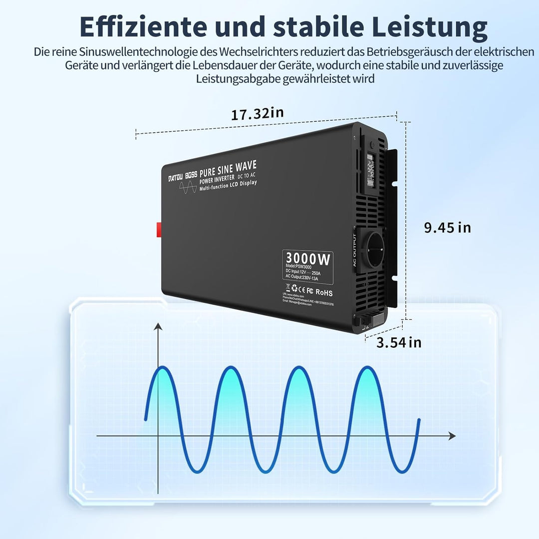 DATOUBOSS Wechselrichter 12v auf 230v 3000w /6000w Reiner Sinus Spannungswandler,mit Fernbedienung E