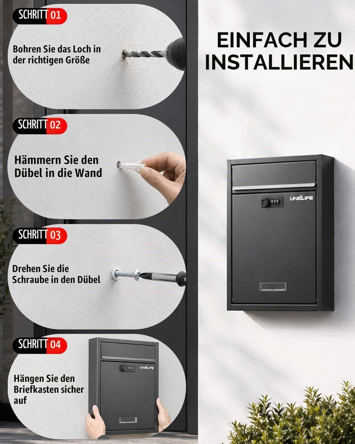 Uniclife Wall Mount Mailbox für aussen, grosse Ablagefach mit Zahlenschloss, Sicherheit Schliessung
