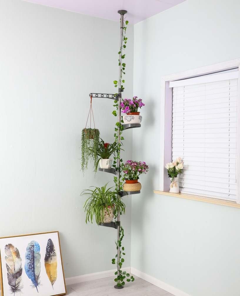 BAOYOUNI 5-Schicht Indoor Teleskop Pflanzenständer Blumentreppe Metall Blumen Display Rack Federbela