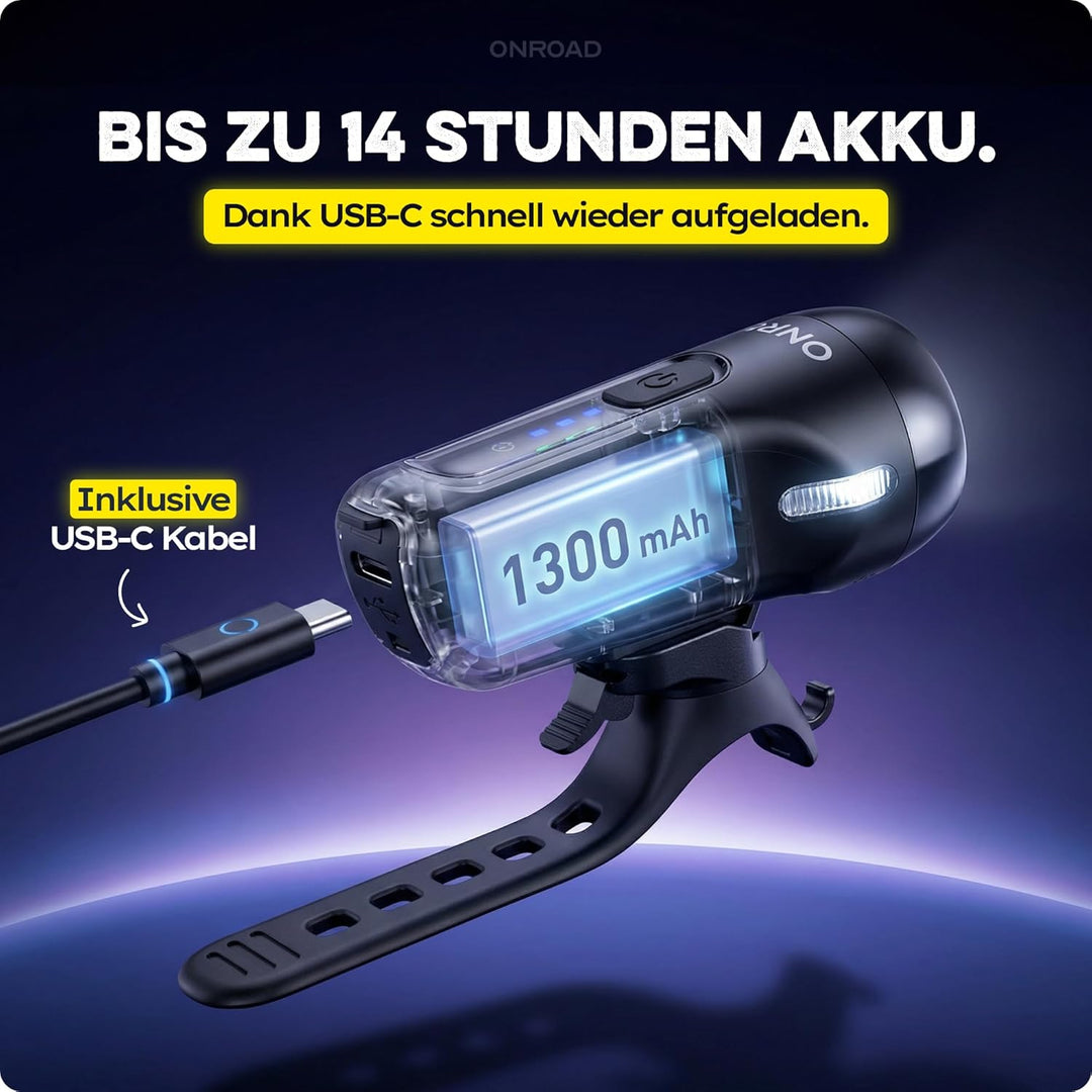 LED Fahrradlicht Set XENOX mit Bremslicht, 14h Akkulaufzeit &amp; USB-C aufladbar - Fahrrad Licht vorne