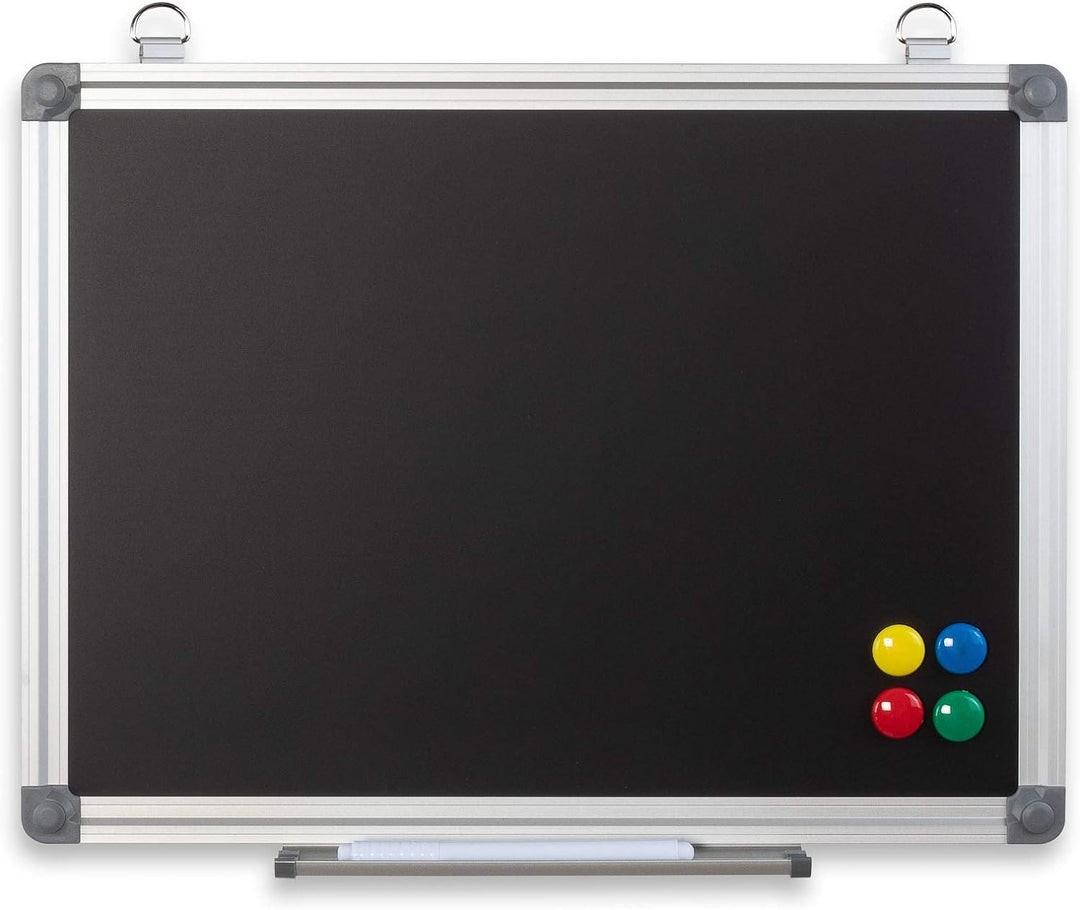 Kreidetafel mit Aluminiumrahmen, Schwarz, zum Aufhängen, mit Marker und Magneten, 80 x 60cm, 80 x 60