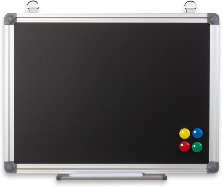 Kreidetafel mit Aluminiumrahmen, Schwarz, zum Aufhängen, mit Marker und Magneten, 80 x 60cm, 80 x 60