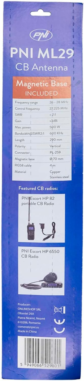 CB Antenne PNI ML29, Länge 29 cm, mit mitgeliefertem Magnet Ø 70 mm, RG58 Kabel