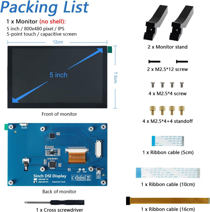 Freenove 5 Inch Touchscreen Monitor for Raspberry Pi, 800x480 Pixel IPS Display, 5-Point Touch Capac