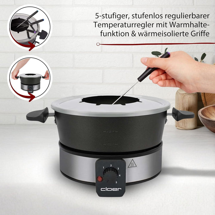 Cloer 6679 Fondue für 8 Personen, beschichteter Aluminiumtopf, inklusive Spritzschutz, 8 farbig mark