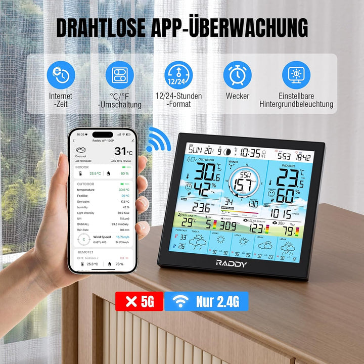 Raddy WF-120P WLAN Wetterstation mit App-Steuerung, 10” HTN Farbdisplay, Innen-/Aussentemperatur & L