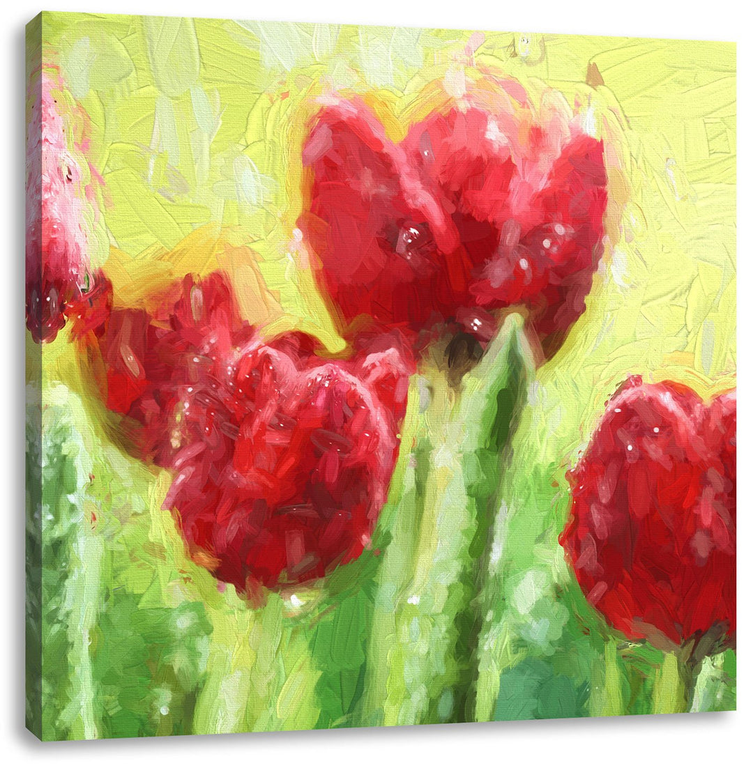 Pixxprint Rote Tulpen mit Tropfen bedeckt als Leinwandbild Quadratisch/Grösse: 70x70 / Wandbild/Kuns