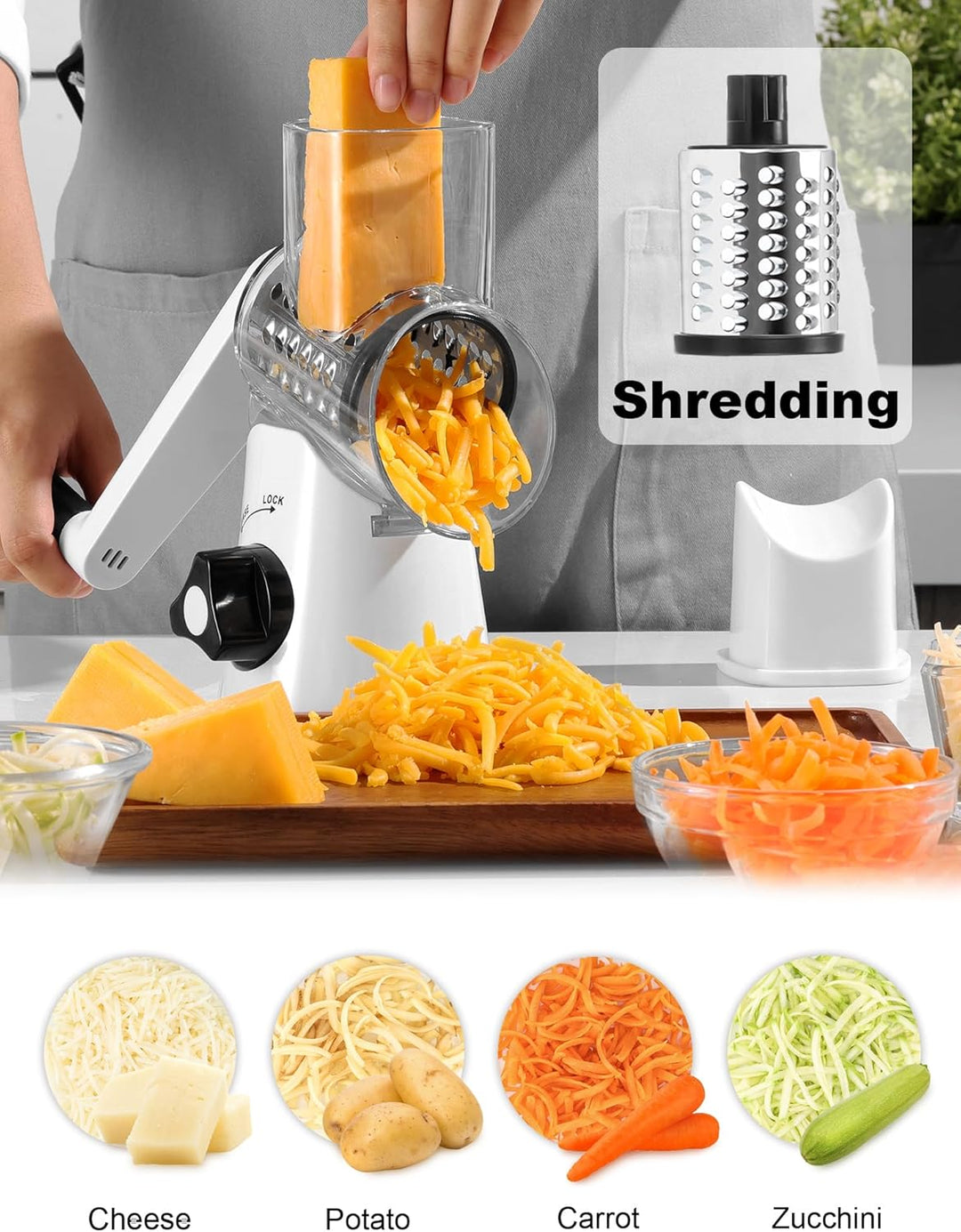 GDL Käsereibe mit Kurbel, Gemüsehobel mit 3 austauschbaren Trommelklingen, Reibe Küche Schnelles Sch