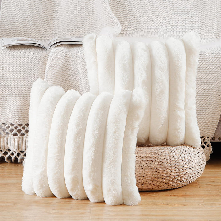 Madizz 2er Set Plüsch Samt Dekorative Kissenbezüge Flauschig Gestreifte Weich Kissenbezug für Sofa S