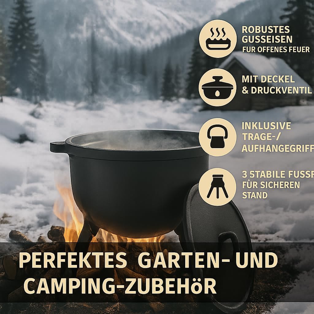 Valle Verde Kessel, Feuertopf, Gulaschkessel, Schmortopf, Jagdkessel, Dutch Oven - Auf 3 Füssen, Mit