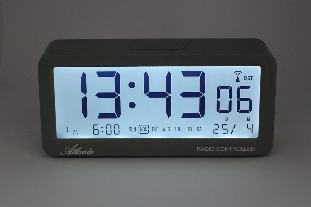 Atlanta Funkwecker Digital-Wecker LCD Snooze Licht Lautlos Ohne Ticken 3 Weckzeiten Alarme Schwarz -