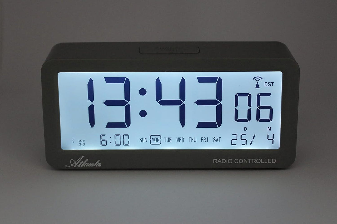 Atlanta Funkwecker Digital-Wecker LCD Snooze Licht Lautlos Ohne Ticken 3 Weckzeiten Alarme Grau - 18