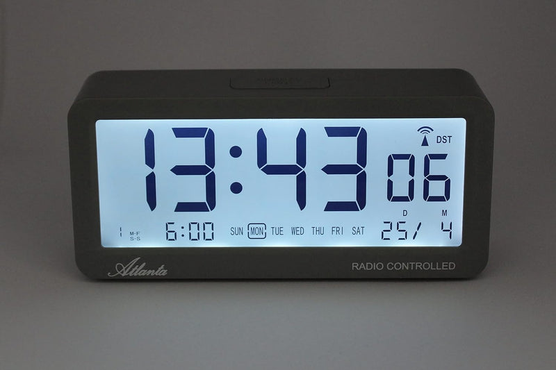 Atlanta Funkwecker Digital-Wecker LCD Snooze Licht Lautlos Ohne Ticken 3 Weckzeiten Alarme Schwarz -