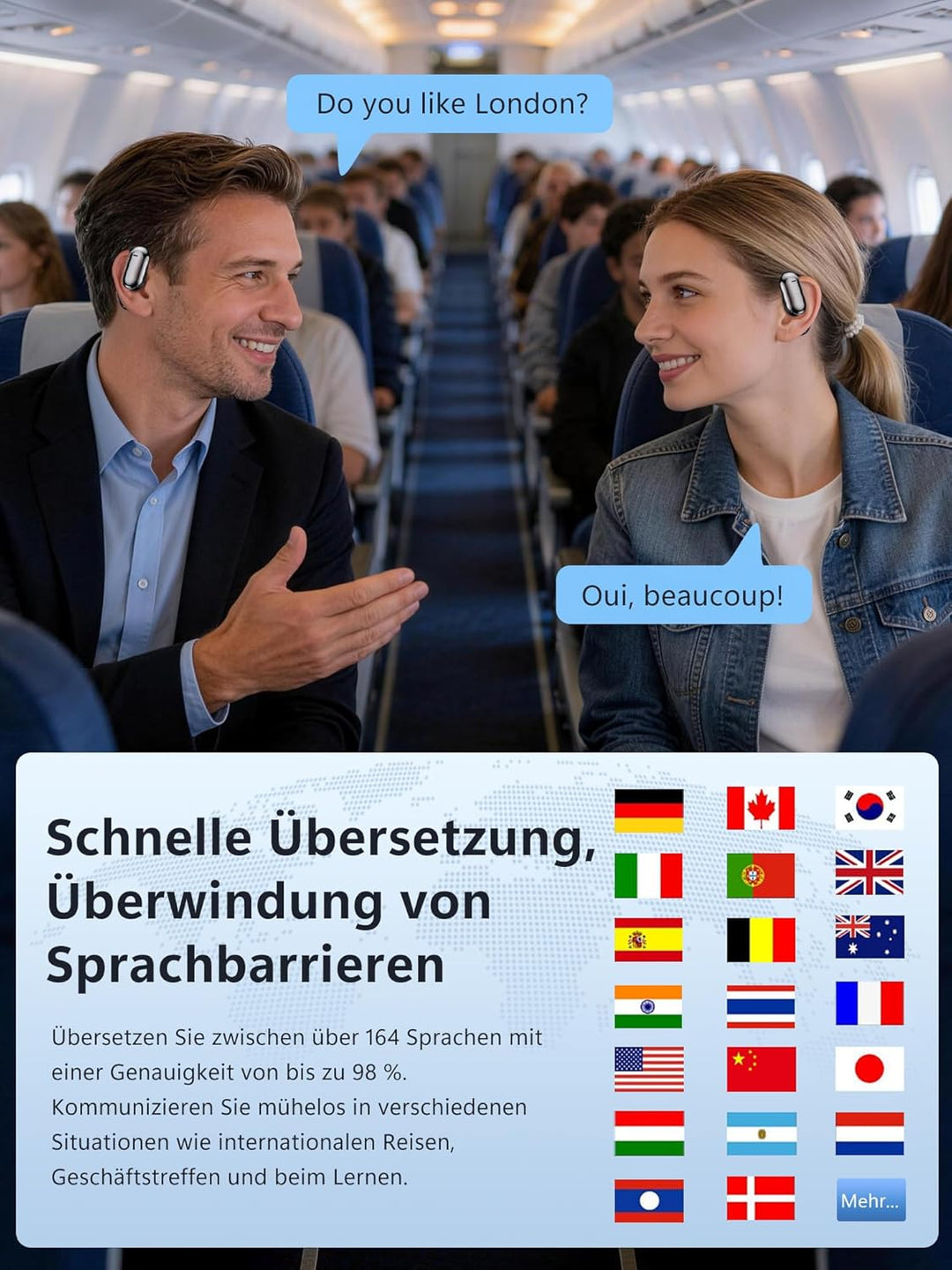 KI Kopfhörer Übersetzer in Echtzeit 4-in-1: Sprachübersetzer Kopfhörer 164 Sprachen 7 Modi mit APP -