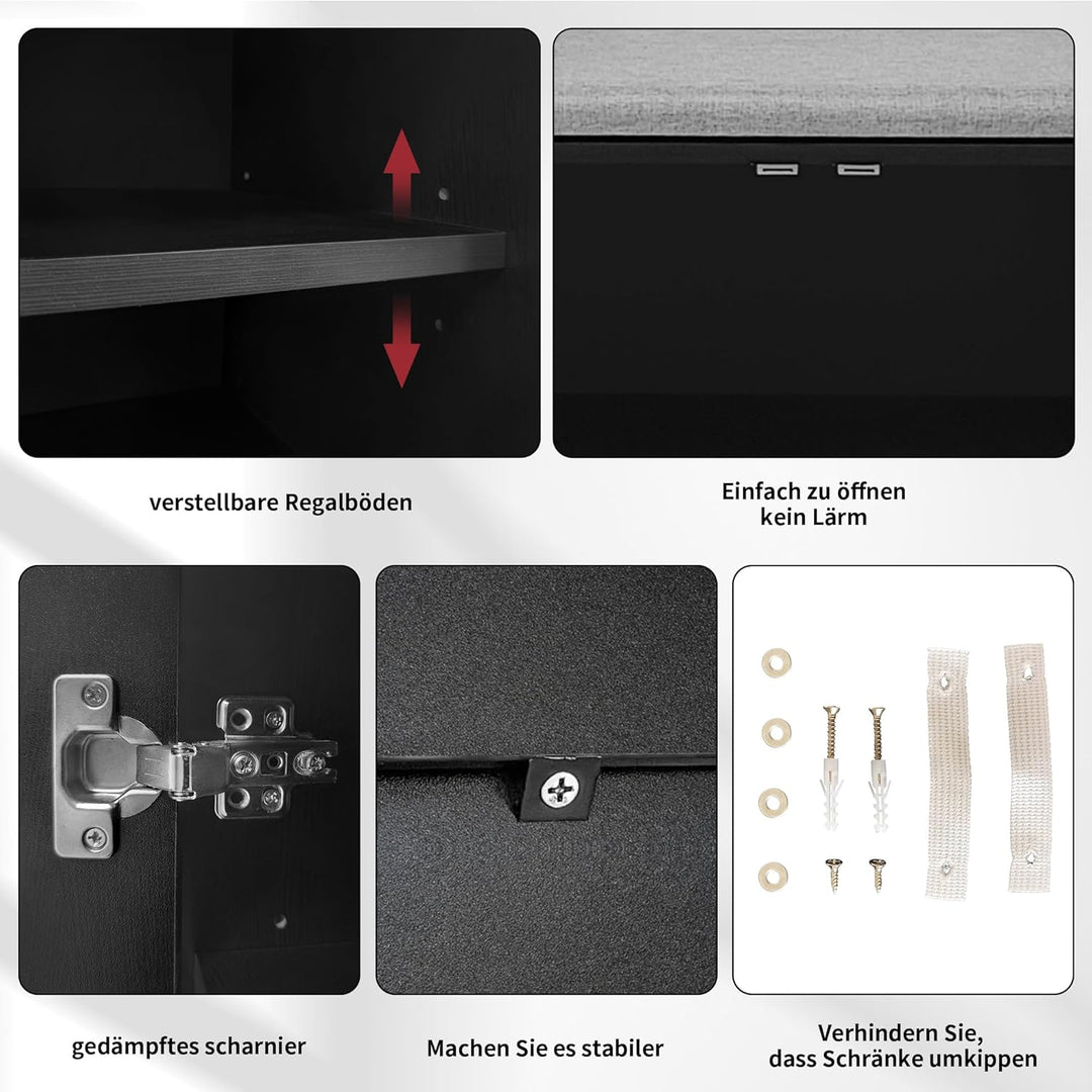 Merax Schuhschrank mit Sitzbank, Schuhbank mit Sitzfläche, 4 Stauraumtüren, asymmetrische Metallgrif