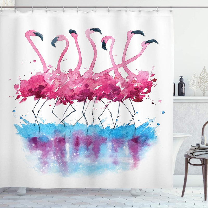 ABAKUHAUS Tier Duschvorhang, Schöner Flamingo and Bird, Digital auf Stoff Bedruckt inkl.12 Haken Far