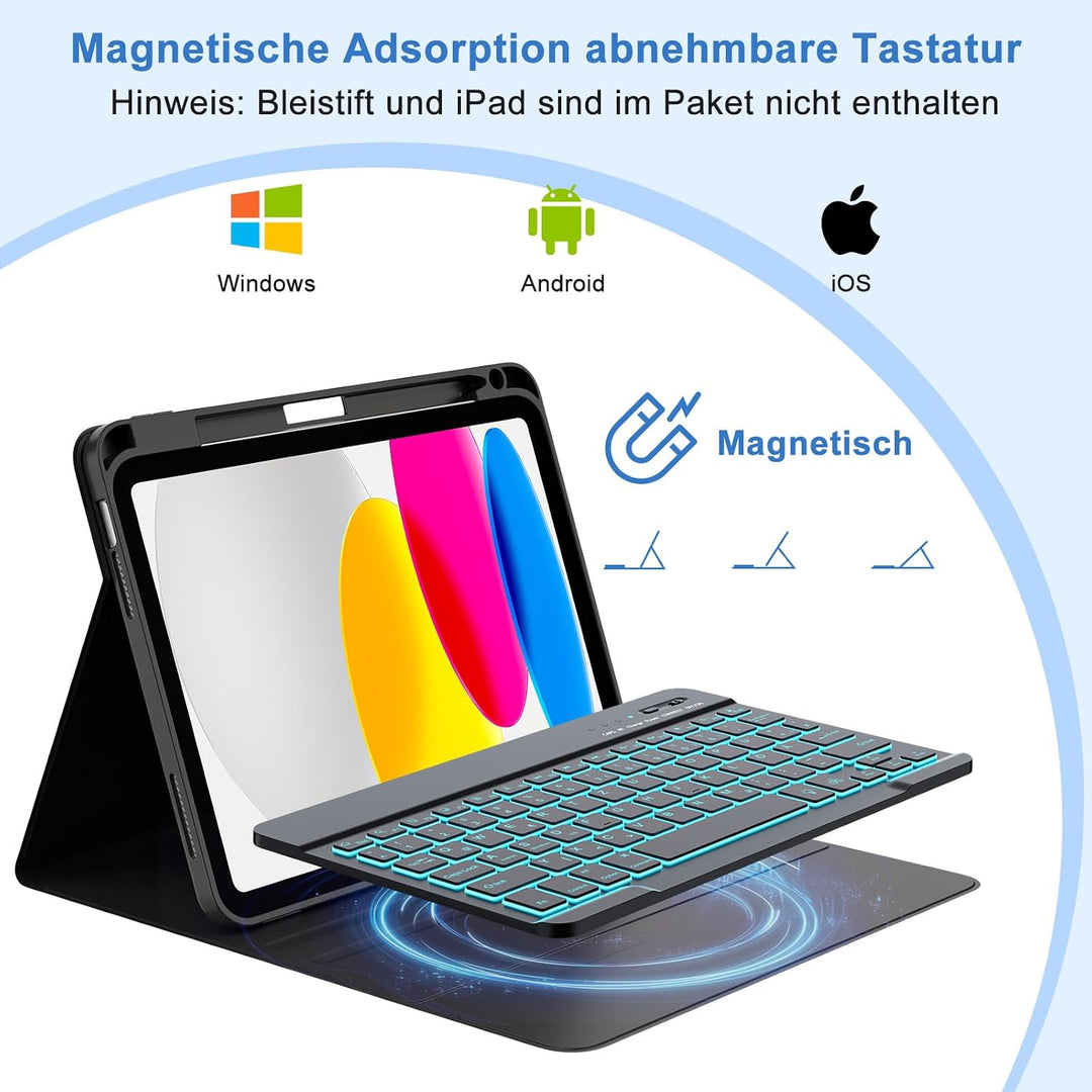 MMK Hülle mit Tastatur für iPad A16 11 Generation 2025/10 Generation 2022(11/10.9 Zoll), 7-Farben Be