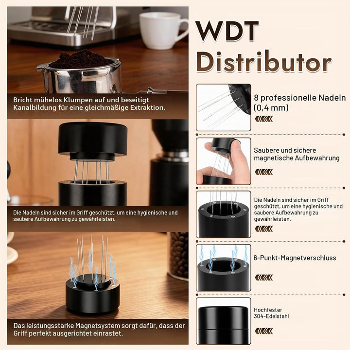2-in-1 Espresso Tamper 51mm Kaffeeverteiler mit WDT Werkzeug, Einstellbares Espresso Tamper &amp; 8-Nade