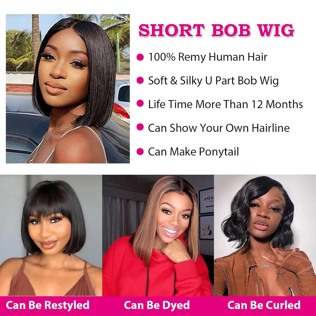 Huairisi 10 Inch Straight Bob Wigs for Women None Lace, Short Straight U Part Wig Bob Human Hair, Sh