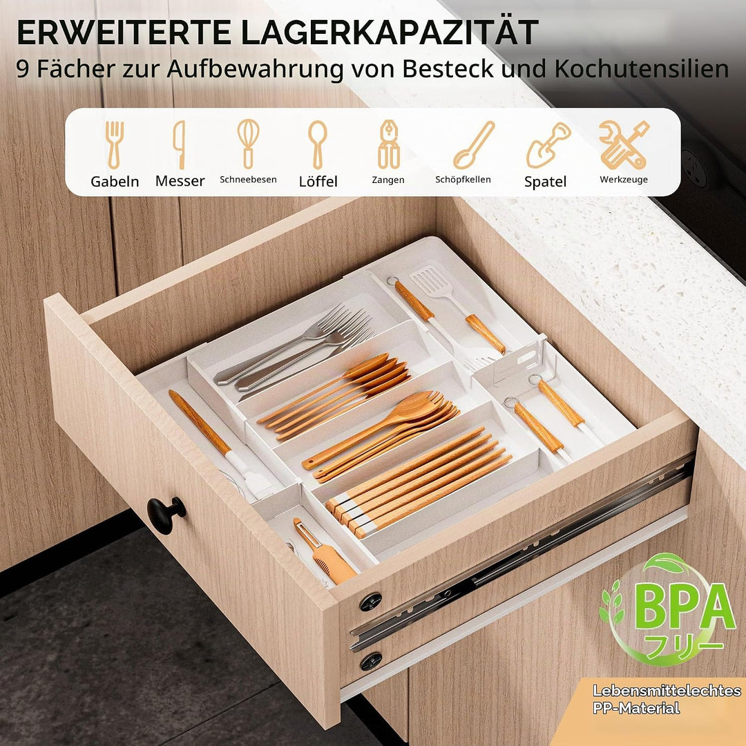 Jolitac Besteckkasten für Schubladen, 7 bis 9 Fächer Ausziehbarer Besteckeinsatz für Küche, Besteck