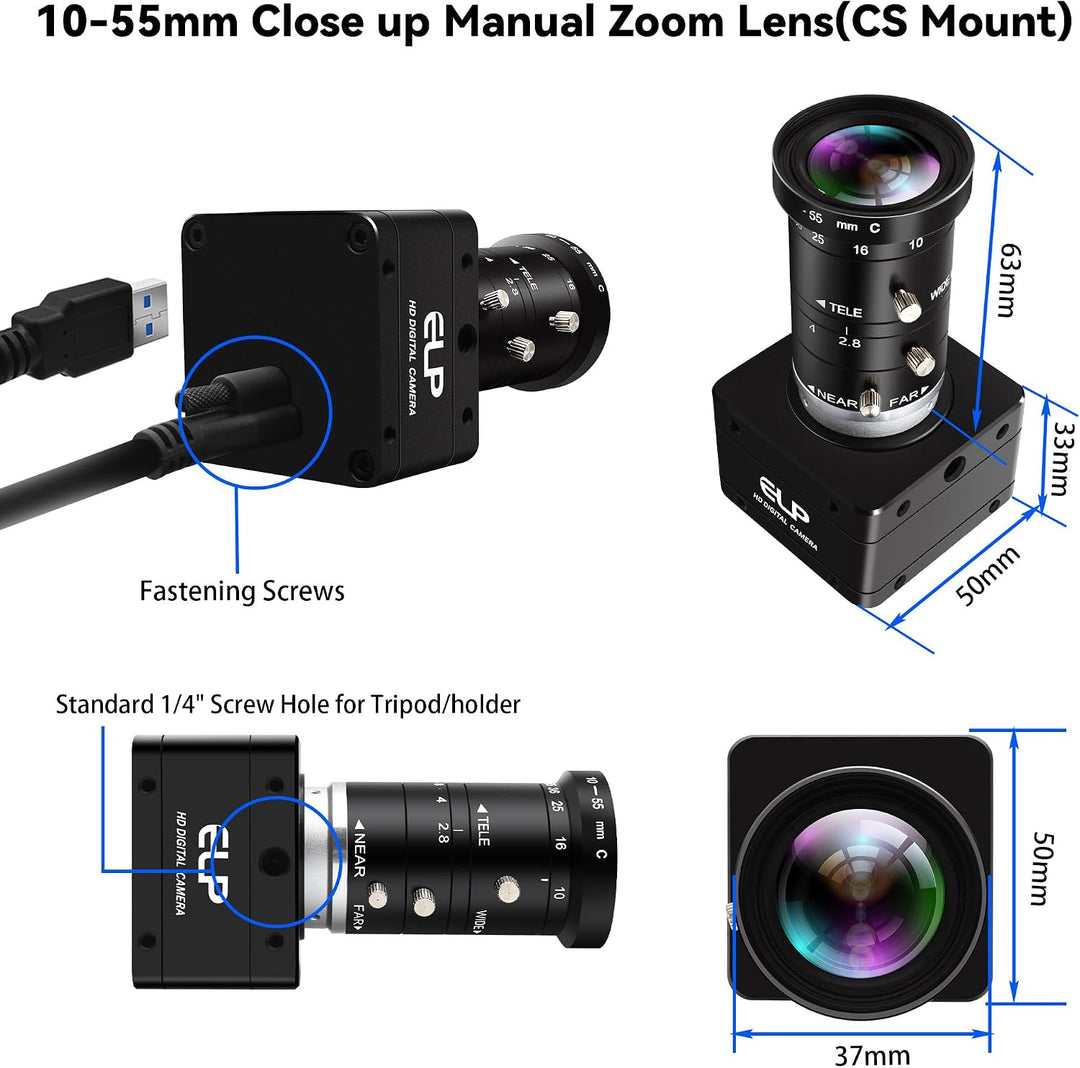 ELP 20MP 5K Ultra HD USB 3.0 Kamera, 5120 x 3840 27,5 fps Webcam mit hoher Bildrate, 10–55 mm 5-Fach