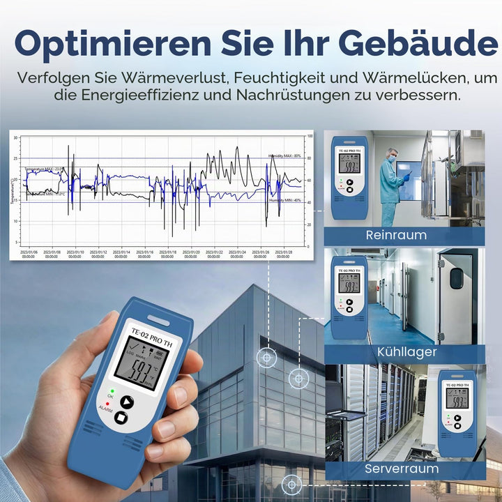 ThermElc TE-02 Pro TH Datenlogger Temperatur Luftfeuchtigkeitmit automatischen CSV PDF Berichten, Ve
