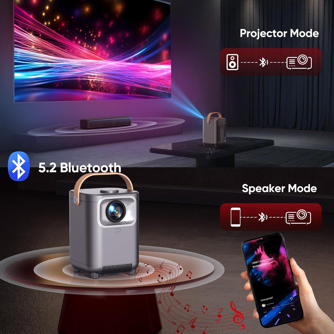 Beamer, Elektrischer Fokus/Auto Trapezkorrektur WiFi 6 BT5.2 Mini Beamer 4K Full HD 1080P Unterstütz