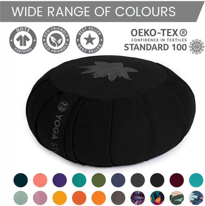 Yoga Studio YS/Zafu/Med/Cush/Black/Lot Meditationskissen, plissiert, rund, Buchweizen, Lotusblatt, S