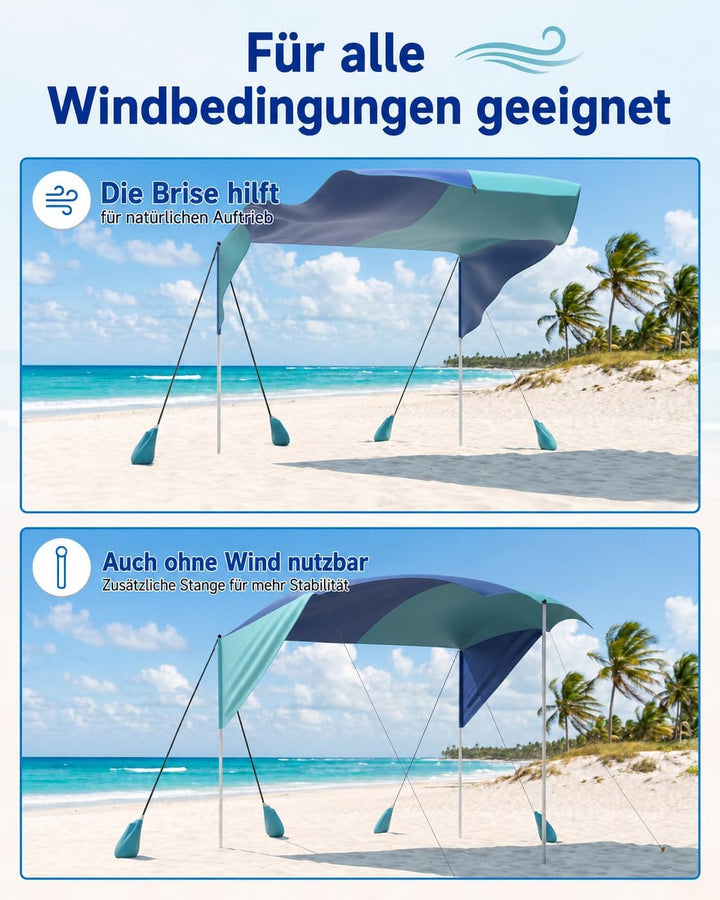 Strand-Sonnensegel 3 x 3 m, windfest, UPF 50+, für 4–6 Personen | 9,3 m² Schattenfläche mit Stangen
