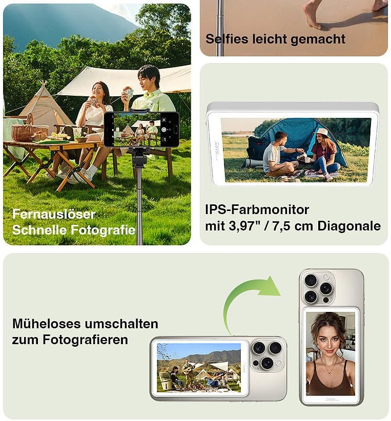 Callstel Selfie-Displays: Selfie-IPS-Vorschau-Display, 3,97", magnetisch, für iOS/Android, Akku (Mon