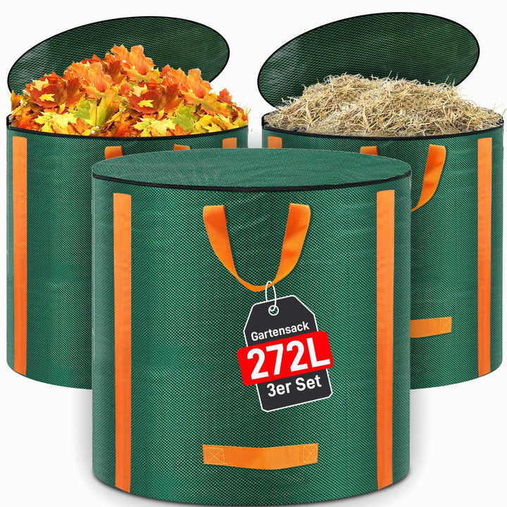 3x Gartenabfallsack stabil 272L - Gross Gartensack Laubsack mit Deckel, Selbststehend Grünschnittsac