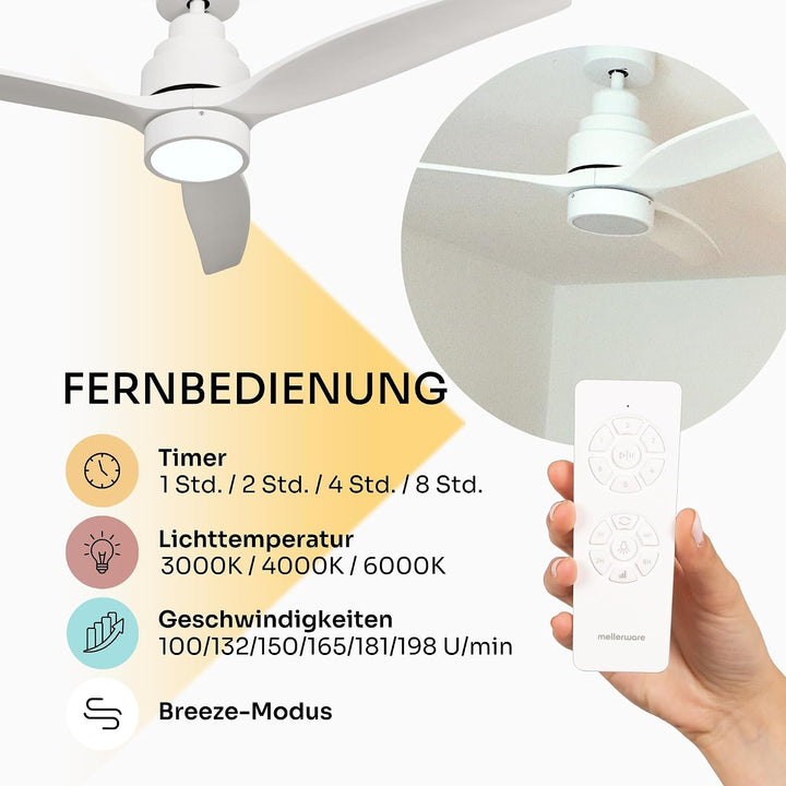 Mellerware - Deckenventilator mit Fernbedienung Brizy Bright | 45 W | 6 Geschwindigkeiten | Ultra le
