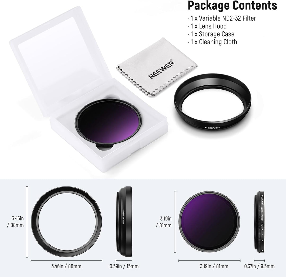 NEEWER 72mm Variabler ND Filter mit 77mm Gegenlichtblende, ND2-32 1-5 Stops Einstellbarer Graufilter