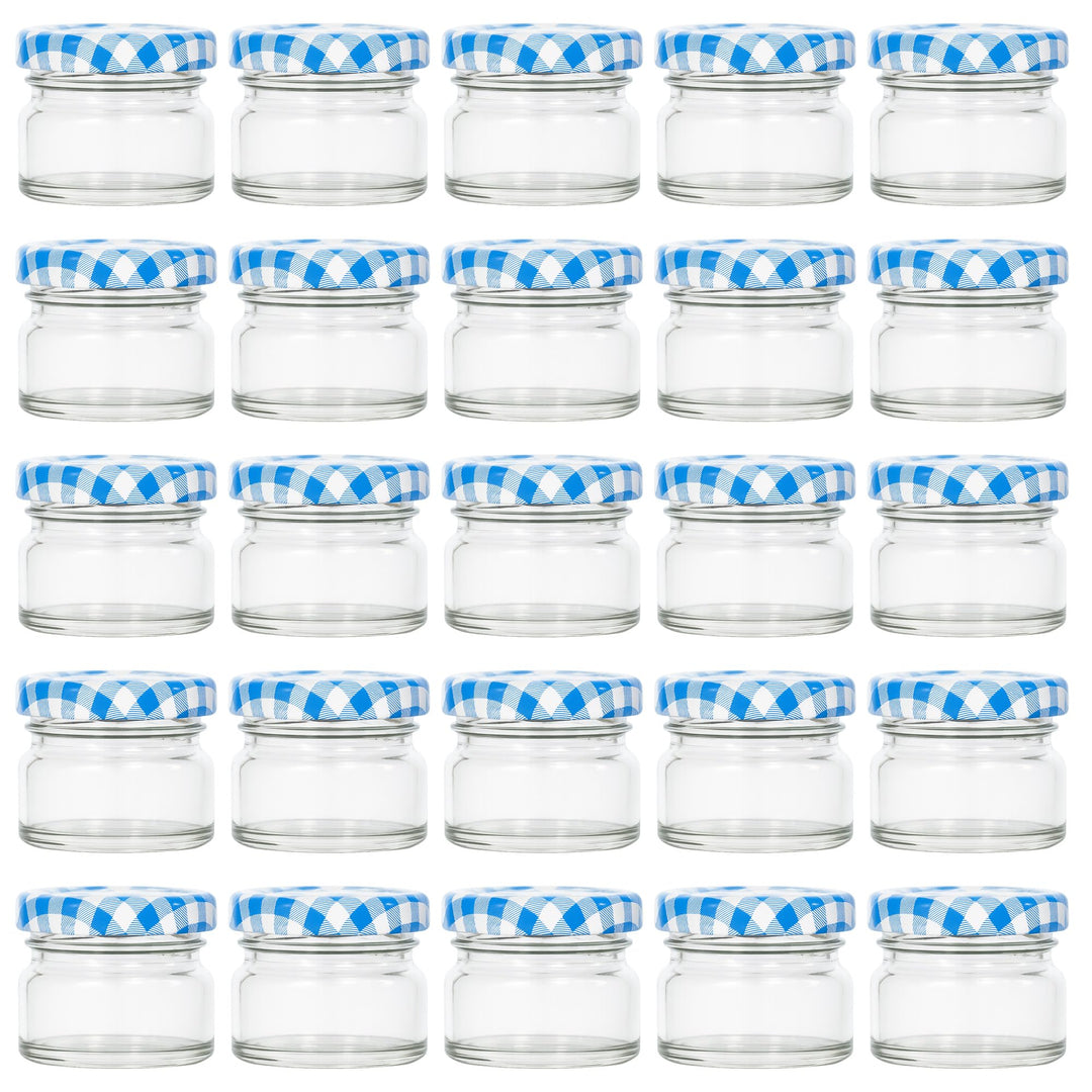 Vitrea 25x Mini Marmeladengläser 30 ml - mit Deckel Blau Kariert TO 43 - kleine Einmachgläser zum be