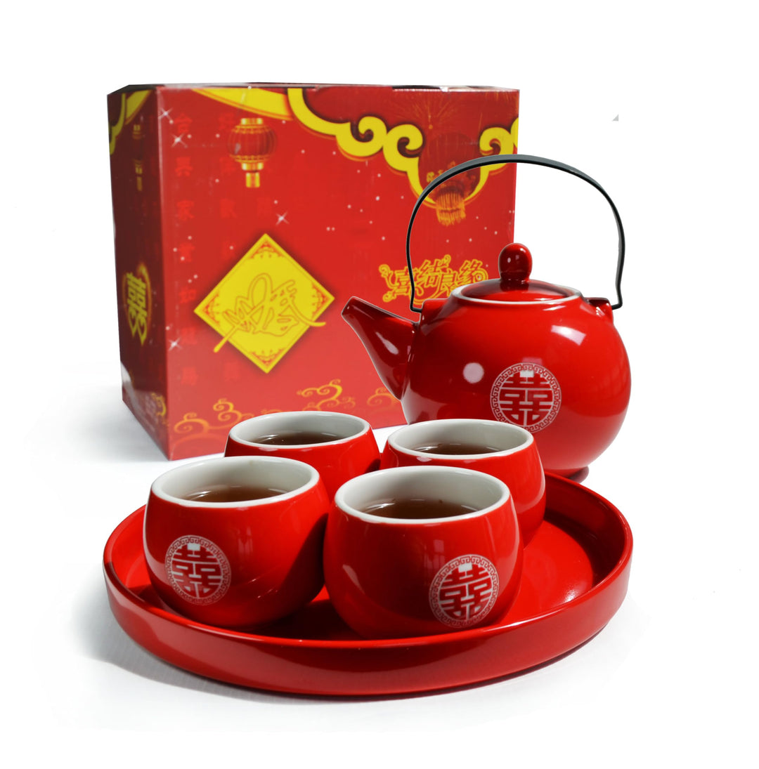 Fiesta Chinesisches Tee-Geschenk-Set, 1 Teekanne, 4 Tassen, Porzellan-Tablett für Zeremonie, Hochzei