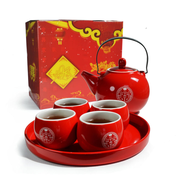 Fiesta Chinesisches Tee-Geschenk-Set, 1 Teekanne, 4 Tassen, Porzellan-Tablett für Zeremonie, Hochzei