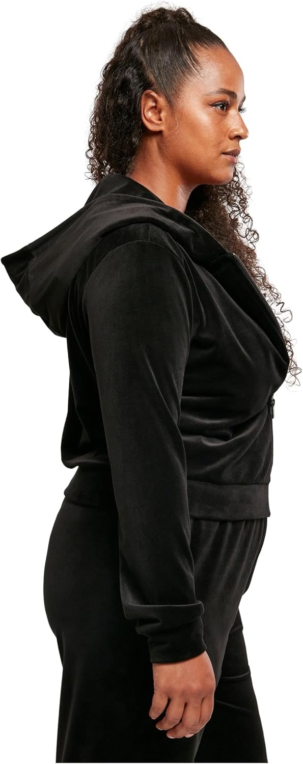 Urban Classics Damen Zip Hoody aus weichem Samtstoff Sweatjacke kurz geschnitten, mit Kapuze und Tas