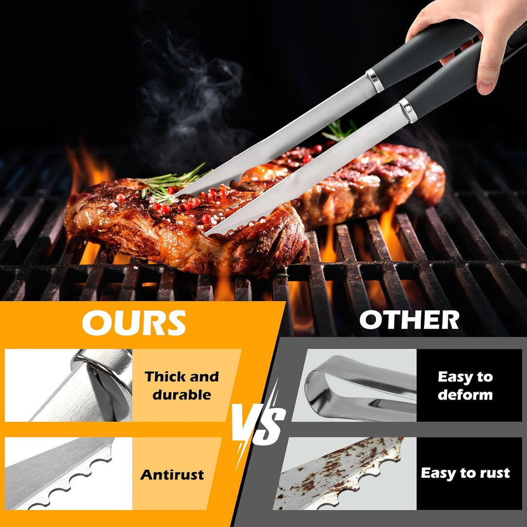 Premium Grillzubehör Set 10-teilig Edelstahl Rostfrei - Grillwerkzeug Set mit Spatel, Grillzange, Fl