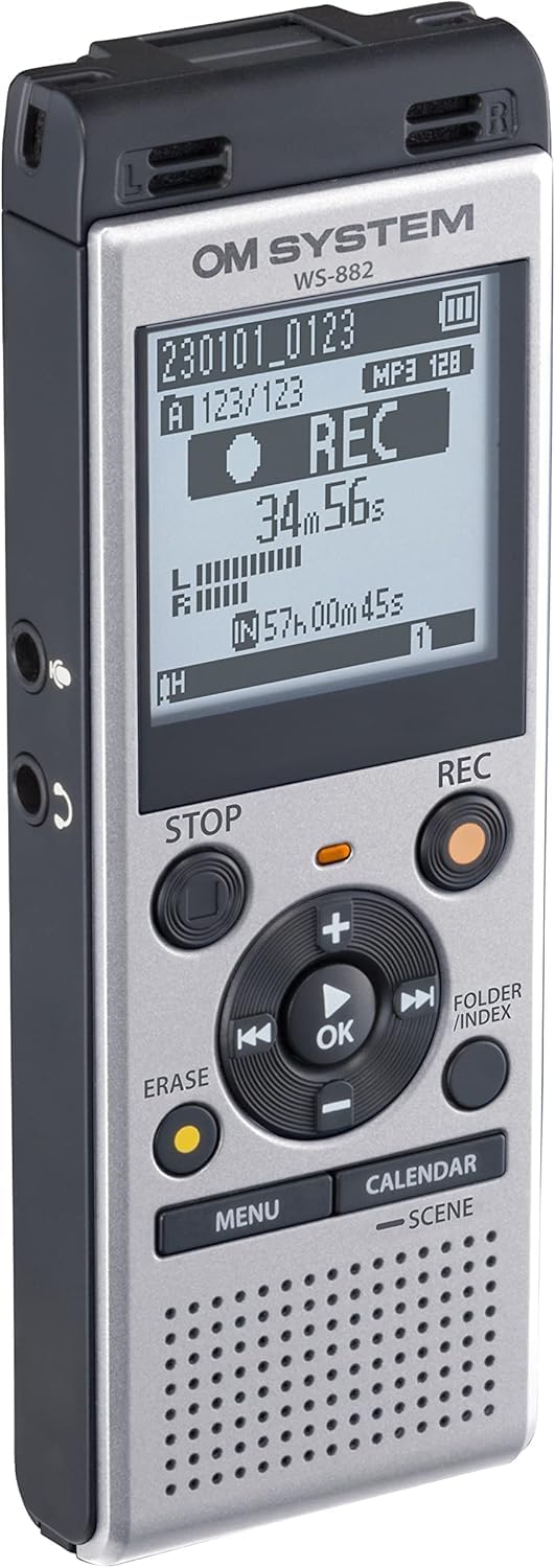 OM SYSTEM WS-882 hochwertiger digitaler Voice Recorder mit Stereomikrofonen, 6 Aufnahmemodi, Direkt-