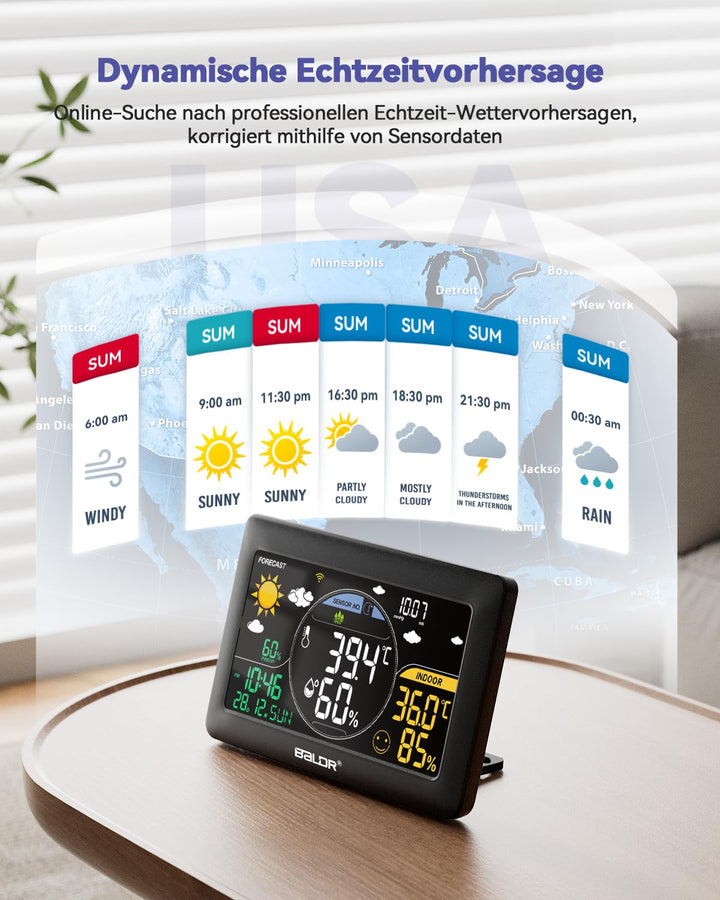 BALDR WLAN-Wetterstation mit App, 7,5-Zoll-Farbdisplay, 3 drahtlose Sensoren, kabellose Wetterstatio