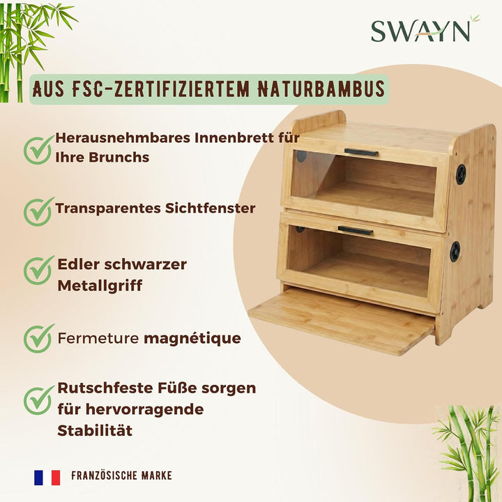 SWAYN Brotkasten aus FSC-zertifiziertem Bambus – Brotkasten mit 2 Etagen, verstellbare Belüftung für