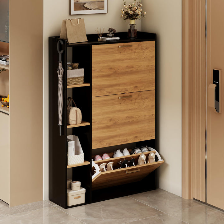 Schuhschrank mit 3 Klappen Schuhkipper Schmal Schuhschrank mit 3 Flip-Schuhregal und 4 Ablagefächer