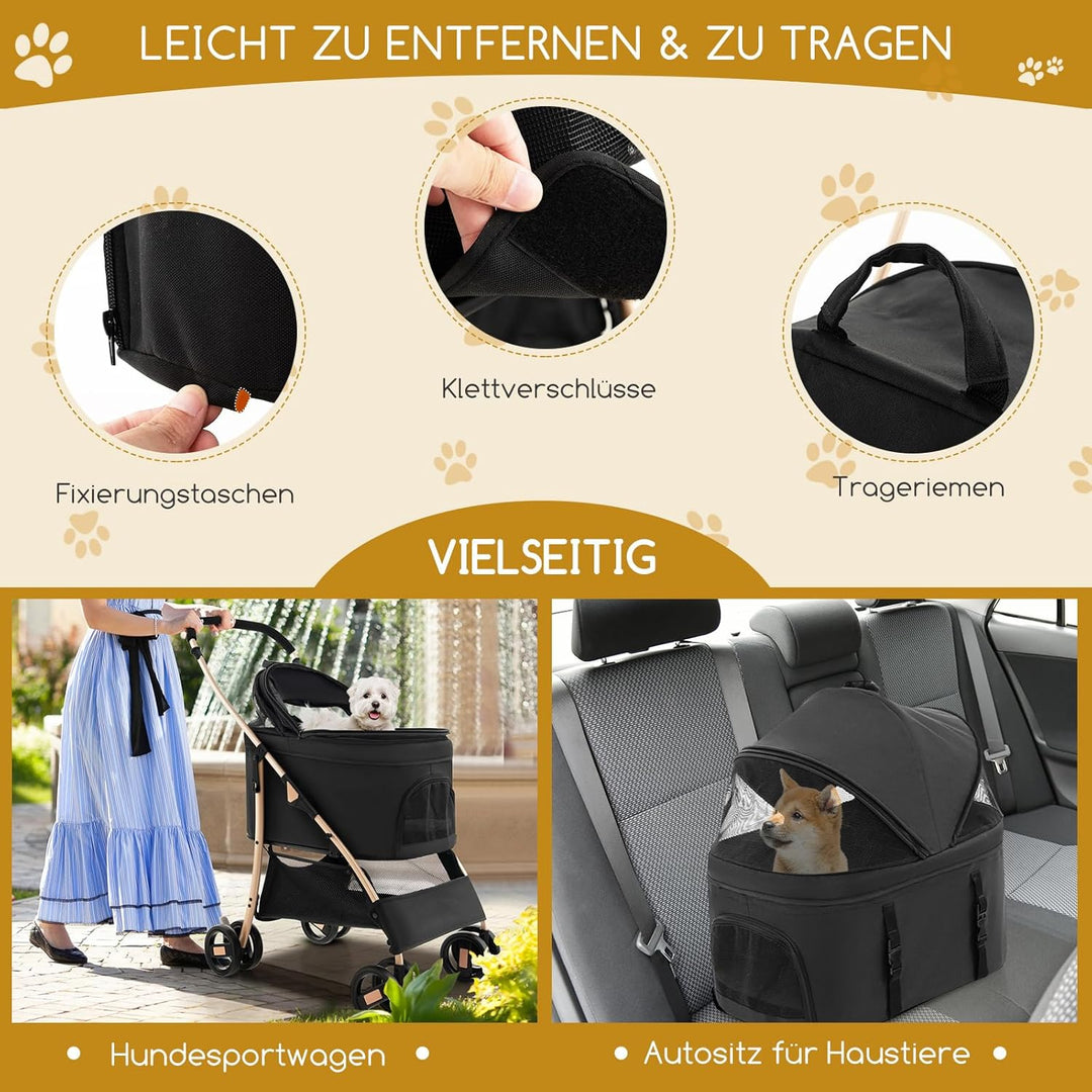 COSTWAY 3 in 1 Hundewagen, Hundebuggy klappbar, bis 15 kg, Haustierwagen mit Netzfenstern | verstell