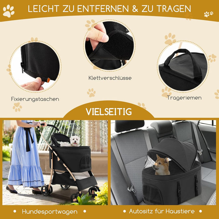 COSTWAY 3 in 1 Hundewagen, Hundebuggy klappbar, bis 15 kg, Haustierwagen mit Netzfenstern | verstell