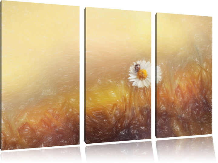 Pixxprint Gänseblümchen Marienkäfer / 3-Teilig/Gesamtmass 120cm Leinwandbild bespannt auf Holzrahmen