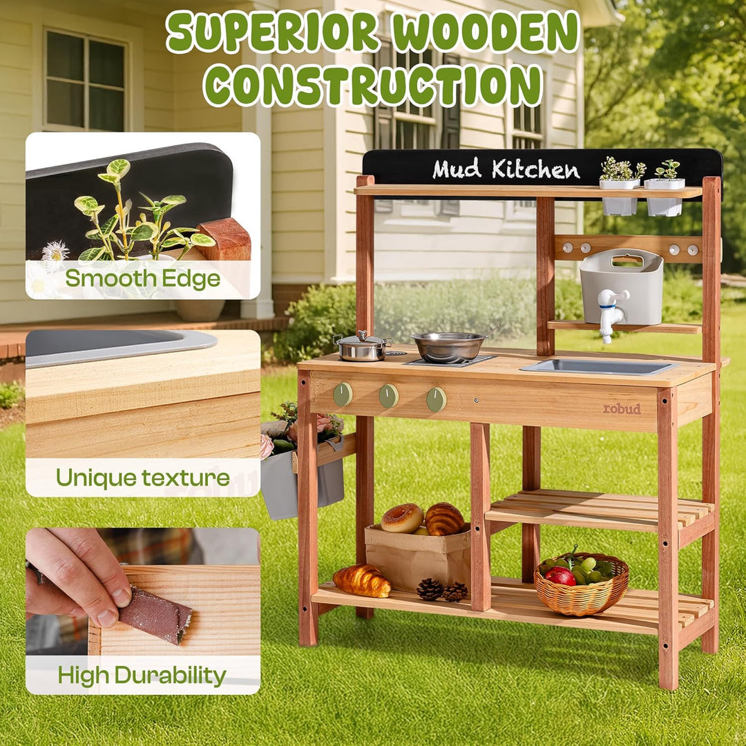 ROBUD Matschküche aus Holz – Outdoor Spielküche mit Zubehör & Maltafel – Rollenspielzeug für Kinder