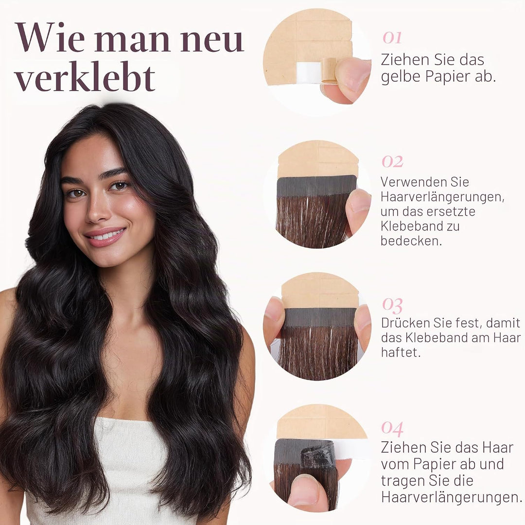 GOO GOO Tape in Extensions Echthaar, Natürliches Schwarz Real Remy Echthaarverlängerungen Nahtlose g