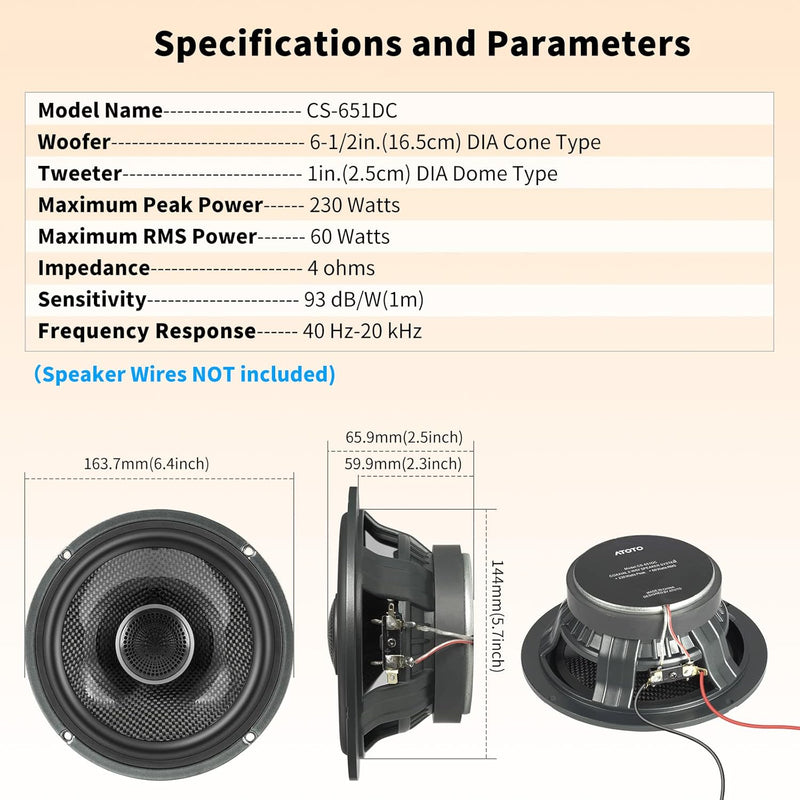 ATOTO CS-651DC 16,5cm 2-Wege Auto Koaxial Lautsprecher Set - 230W Max/60W RMS, 4 Ohm Raumklang-Autol