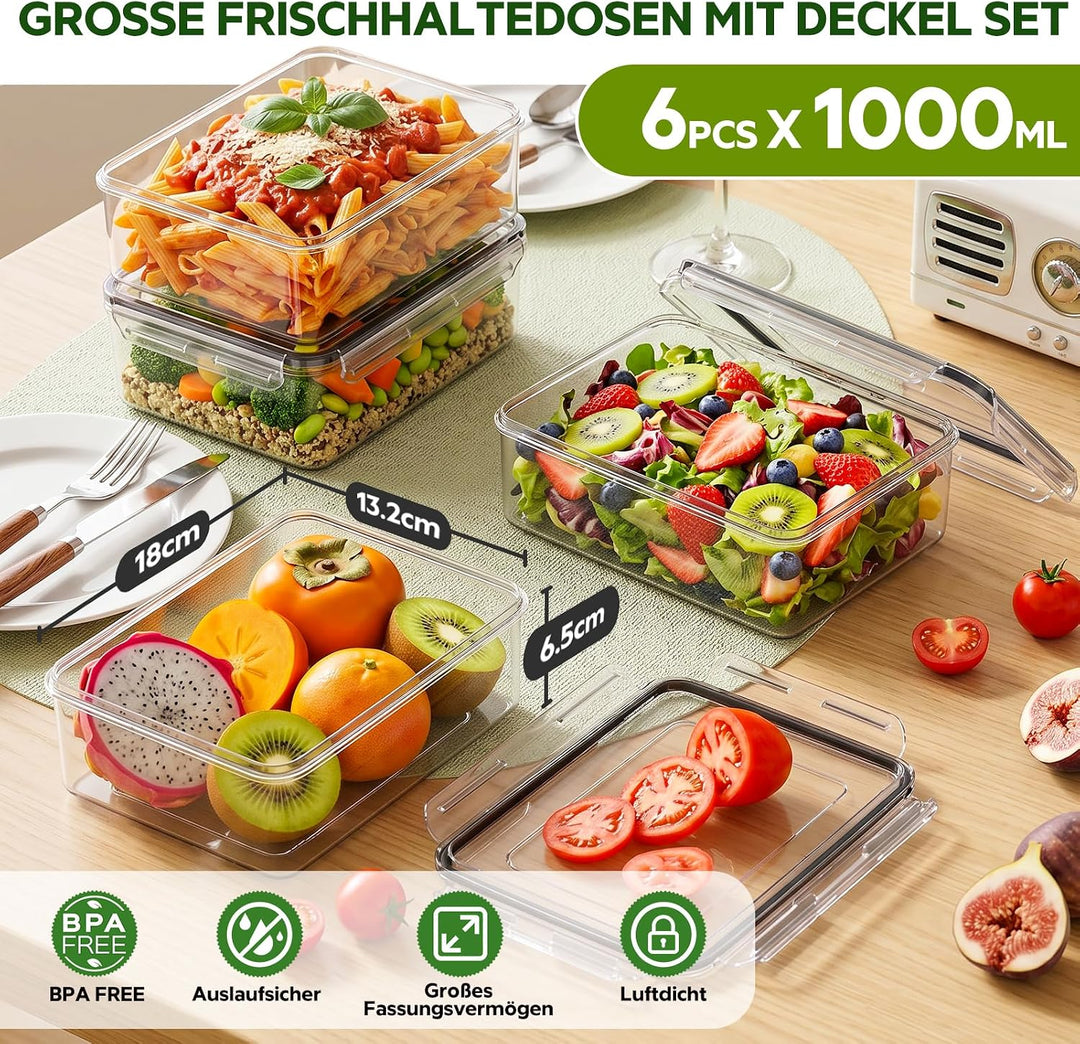 Wwtop 6 x 1000ml Frischhaltedosen mit Deckel Vorratsdosen Set, Meal Prep Boxen, Auslaufsicher Gefrie